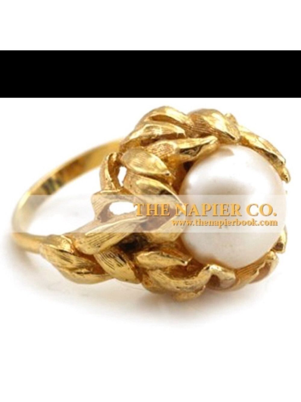 Vintage Napier ring with floral motif Center high rise faux pearl 1920 gold tone